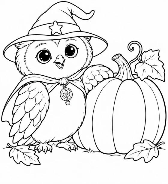 Coloring page: Ori the owl in a wizard hat beside a large pumpkin.