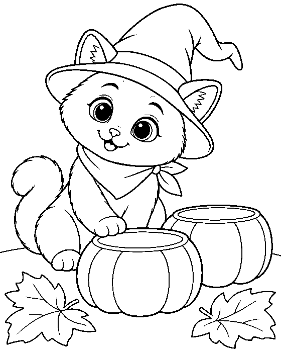 Coloring page: Vela the cat in a witch hat and green scarf beside two empty pumpkin bowls.
