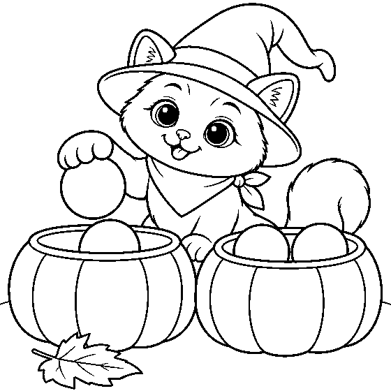 Coloring page: Vela the cat moving one of four glowing lights into a pumpkin bowl.