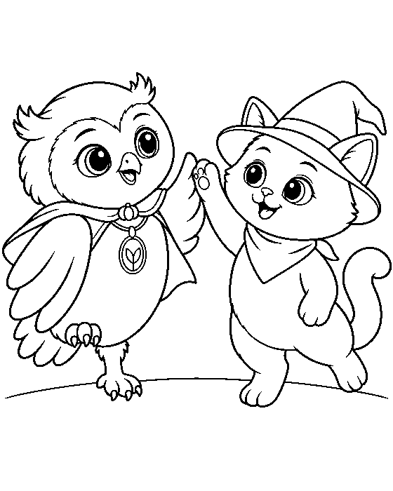 Coloring page: Ori the owl and Vela the cat giving each other a Halloween high-five.