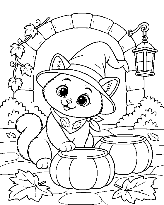 Coloring page: Vela the cat beside two empty pumpkin bowls under a stone arch with a lantern.