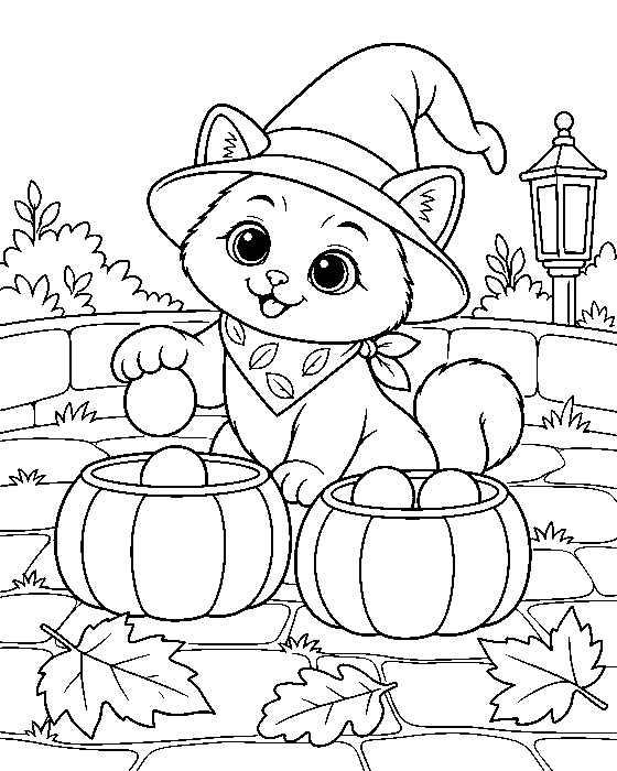 Coloring page: Vela the cat moving one of four glowing lights into a pumpkin bowl.