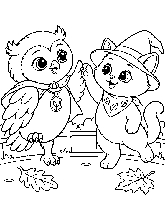 Coloring page: Ori the owl and Vela the cat giving each other a Halloween high-five.