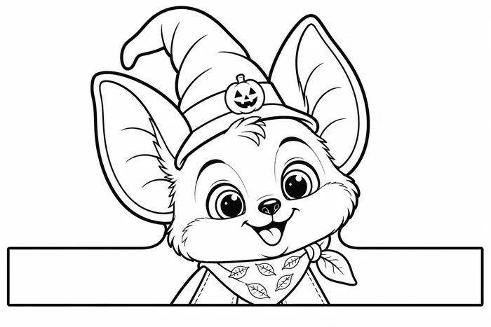 Buki the bat in a pumpkin hat and scarf behind a long white headband strip to color
