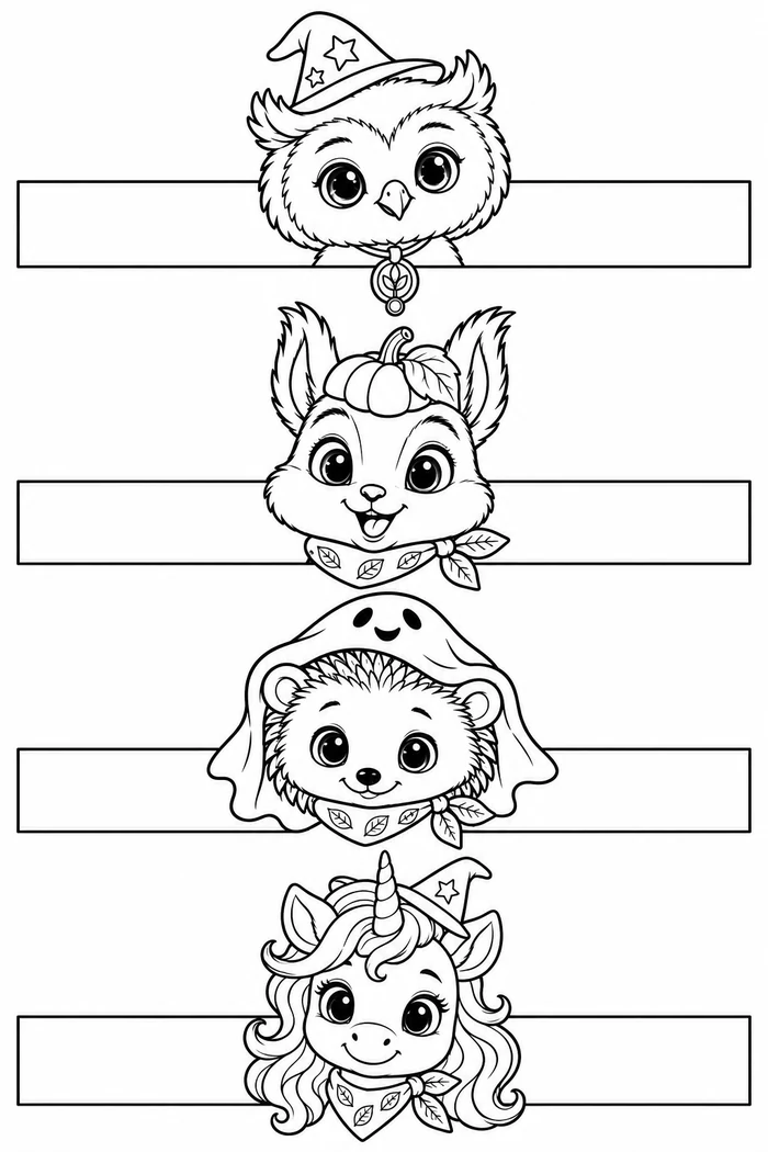 Four Halloween headbands to color: Ori the owl with a medallion, Tavi in a pumpkin cap, Nima in a ghost hood and Luvi the unicorn with a hat