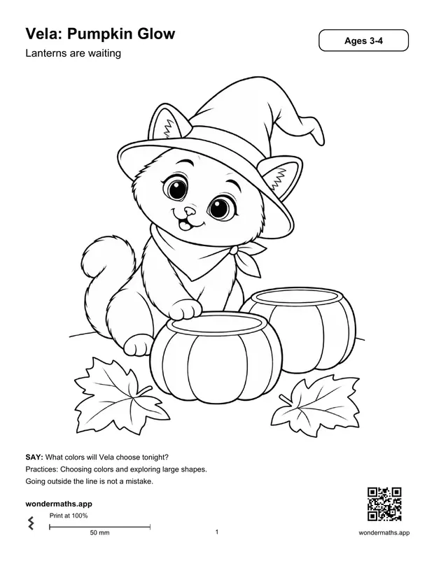First page of the Pumpkin Glow coloring pack: Vela beside two pumpkin lanterns in the autumn courtyard.