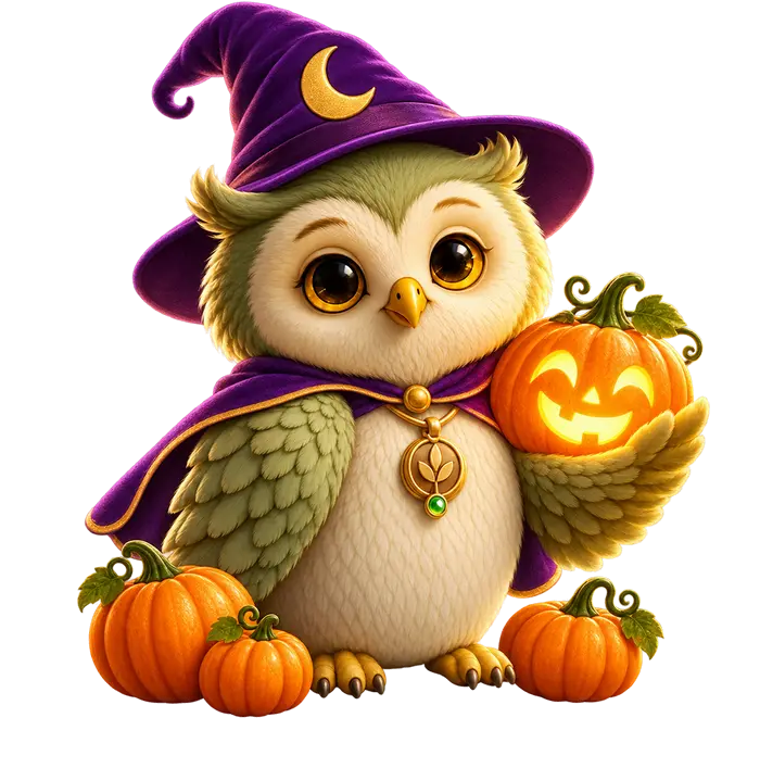 Ori the owl in a purple witch hat and cape, holding a glowing jack-o'-lantern beside three pumpkins.