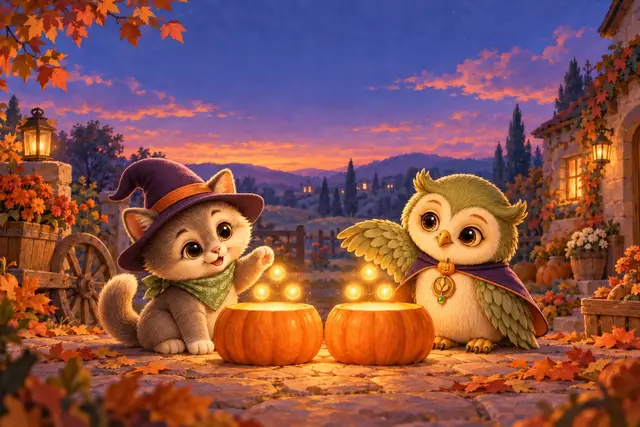 Vela the cat and Ori the owl beside two glowing pumpkin lanterns in a warm autumn courtyard.