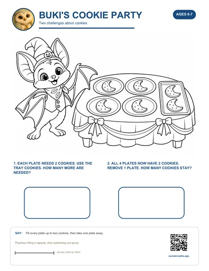 Activity sheet: Buki's Cookie Party, two challenges about cookies.