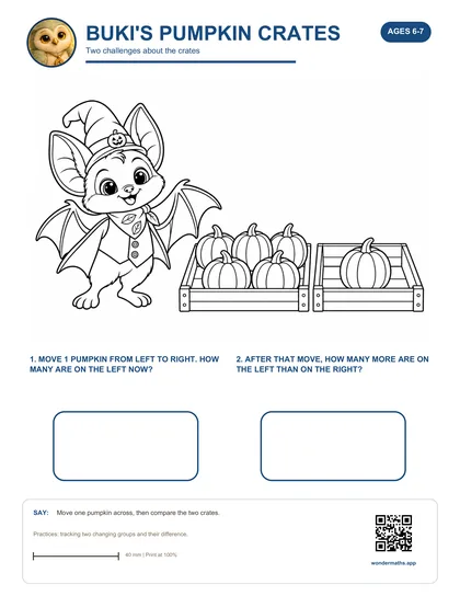 Activity sheet: Buki's Pumpkin Crates, two challenges about the crates.