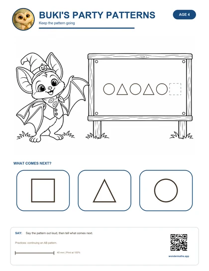 Activity sheet: Buki's Party Patterns, keep the pattern going.
