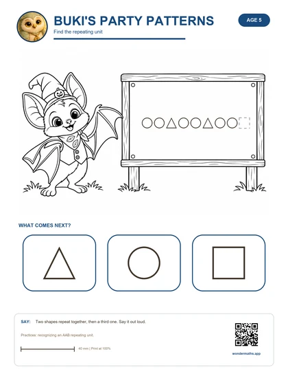 Activity sheet: Buki's Party Patterns, find the repeating unit.