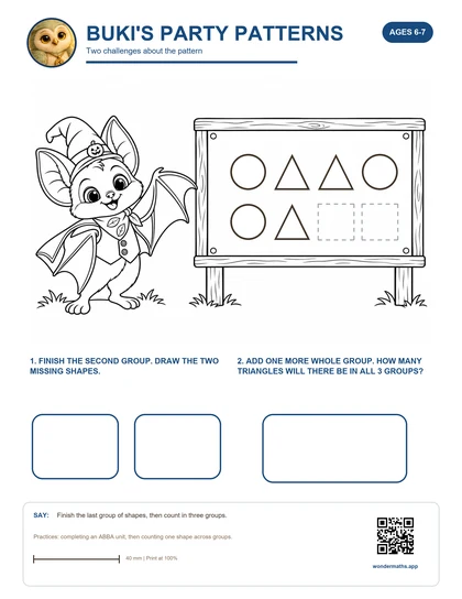 Activity sheet: Buki's Party Patterns, two challenges about the pattern.