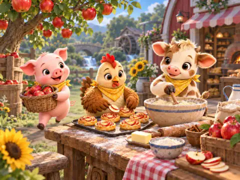 Illustration: a piglet, a hen and a calf baking apple tarts on a farmhouse table.