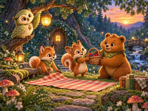 Illustration: an owl, a fox, a squirrel and a bear sharing a picnic in a forest clearing at sunset.