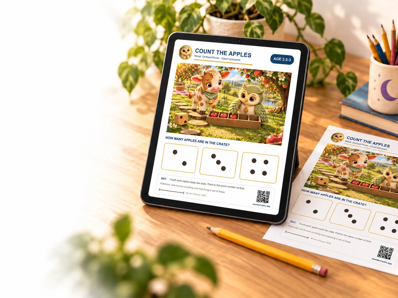 A tablet and printed Count the Apples worksheet featuring Muva the calf and Ori the owl on a sunlit family table.