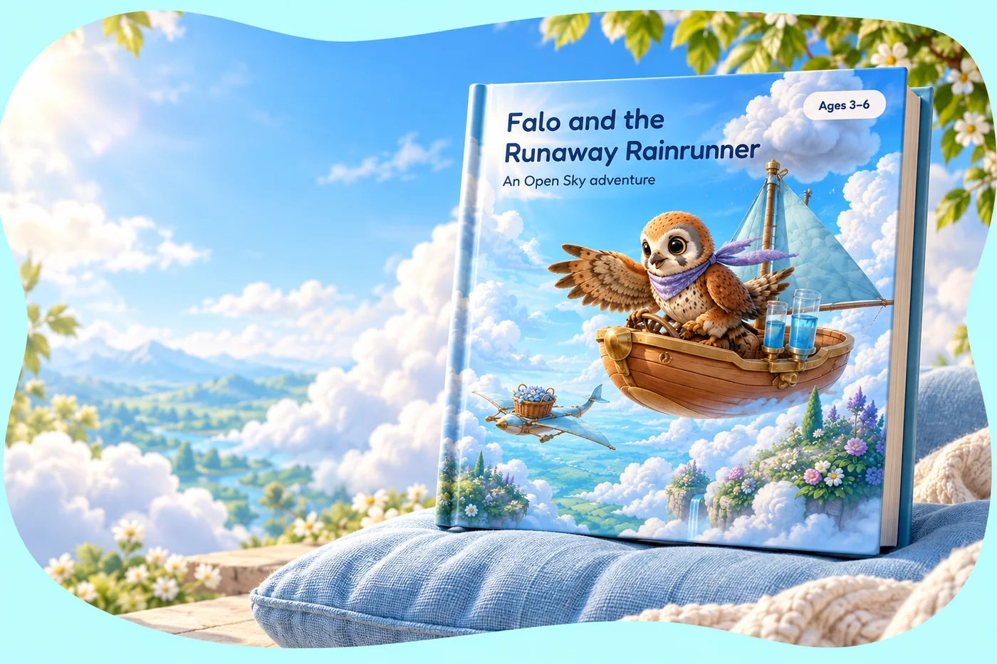The picture book Falo and the Runaway Rainrunner in a cloud-filled reading nook.