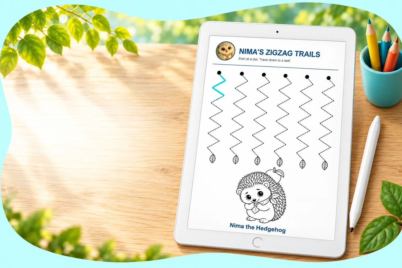 Nima's zigzag tracing page on a tablet beside a stylus.