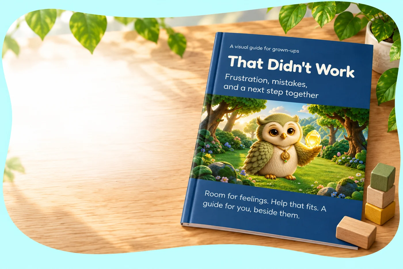 The parent guide That Didn't Work with Ori holding a crystal, beside wooden building blocks.