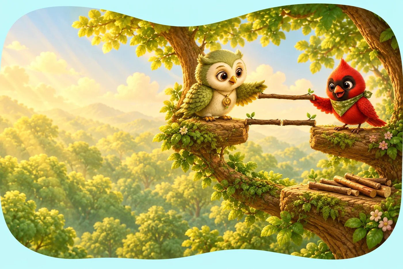 Rubi and Ori choosing sticks to build a bridge in the treetops.