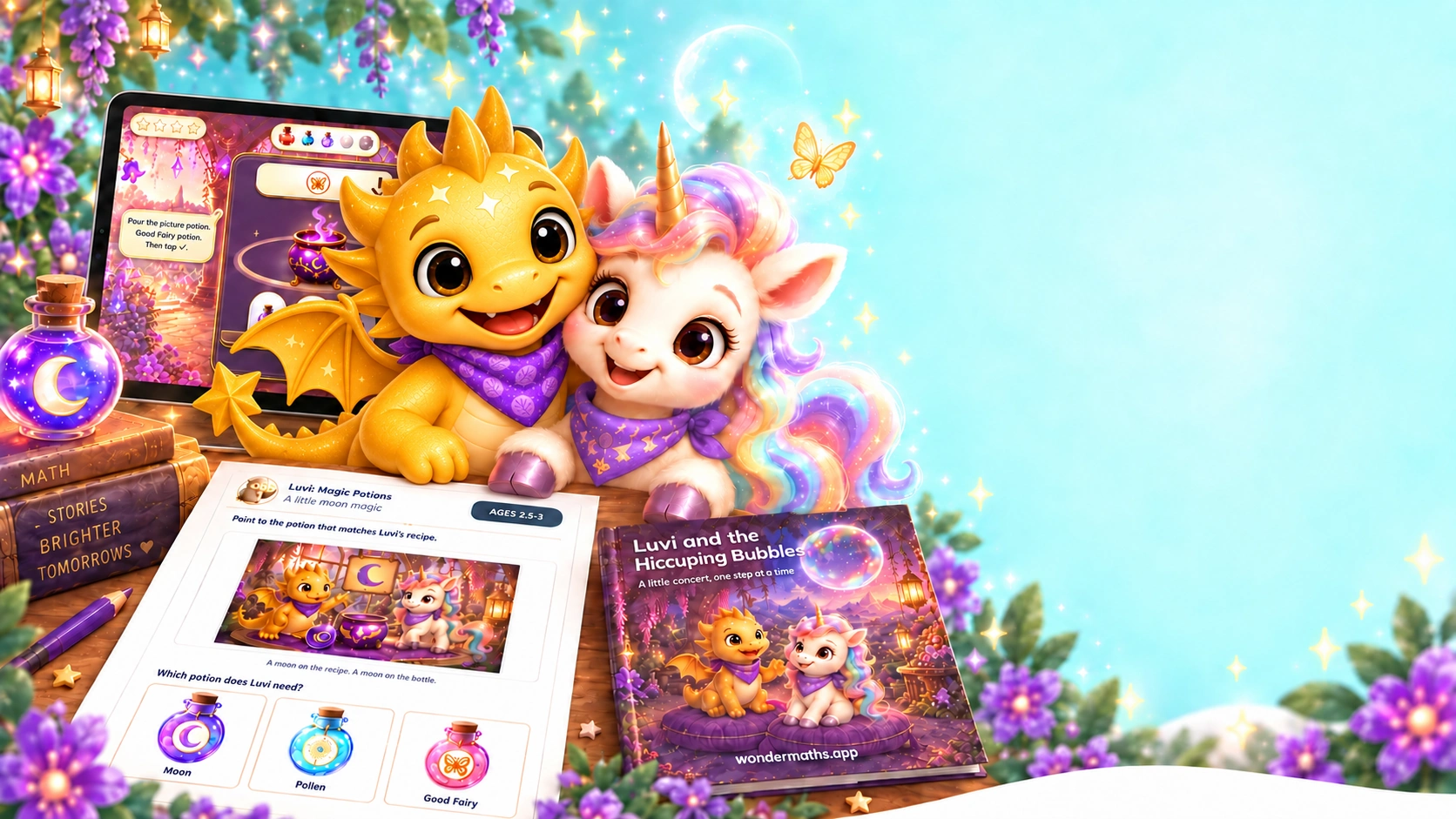 Luvi the unicorn and Luno the golden dragon beside a tablet showing the Luvi: Magic Potions activity, with the printed Luvi reusable page and the picture book “Luvi and the Hiccuping Bubbles”.
