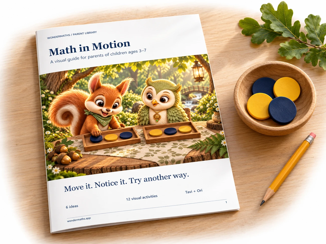 Cover of the parent guide “Math in Motion”, showing a squirrel and an owl sorting blue and yellow counters.