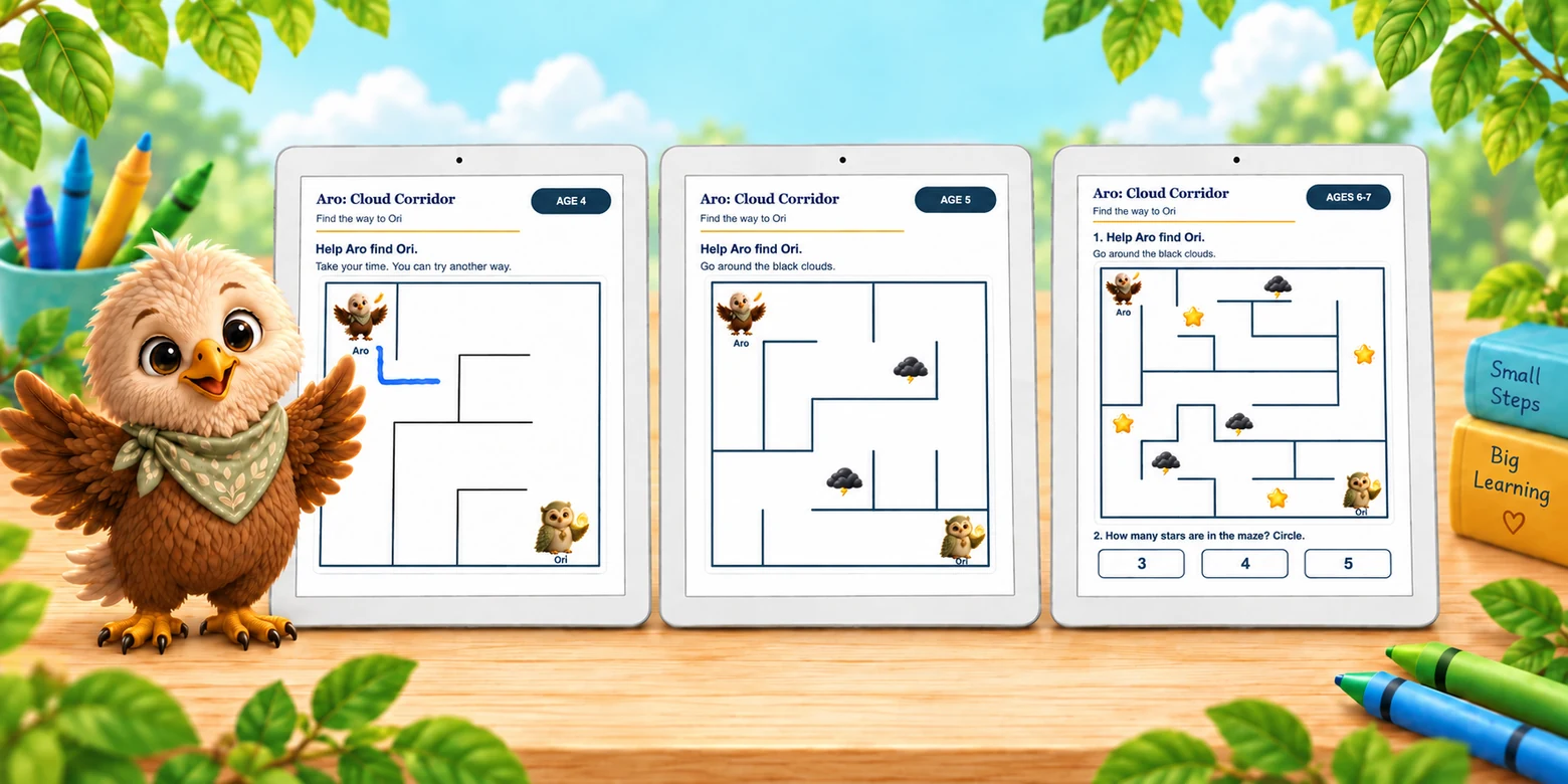 Aro beside three tablet pages for ages 4, 5 and 6-7: a completed blue route, an eraser removing blue marks, and an unfinished route in the middle of a harder maze.
