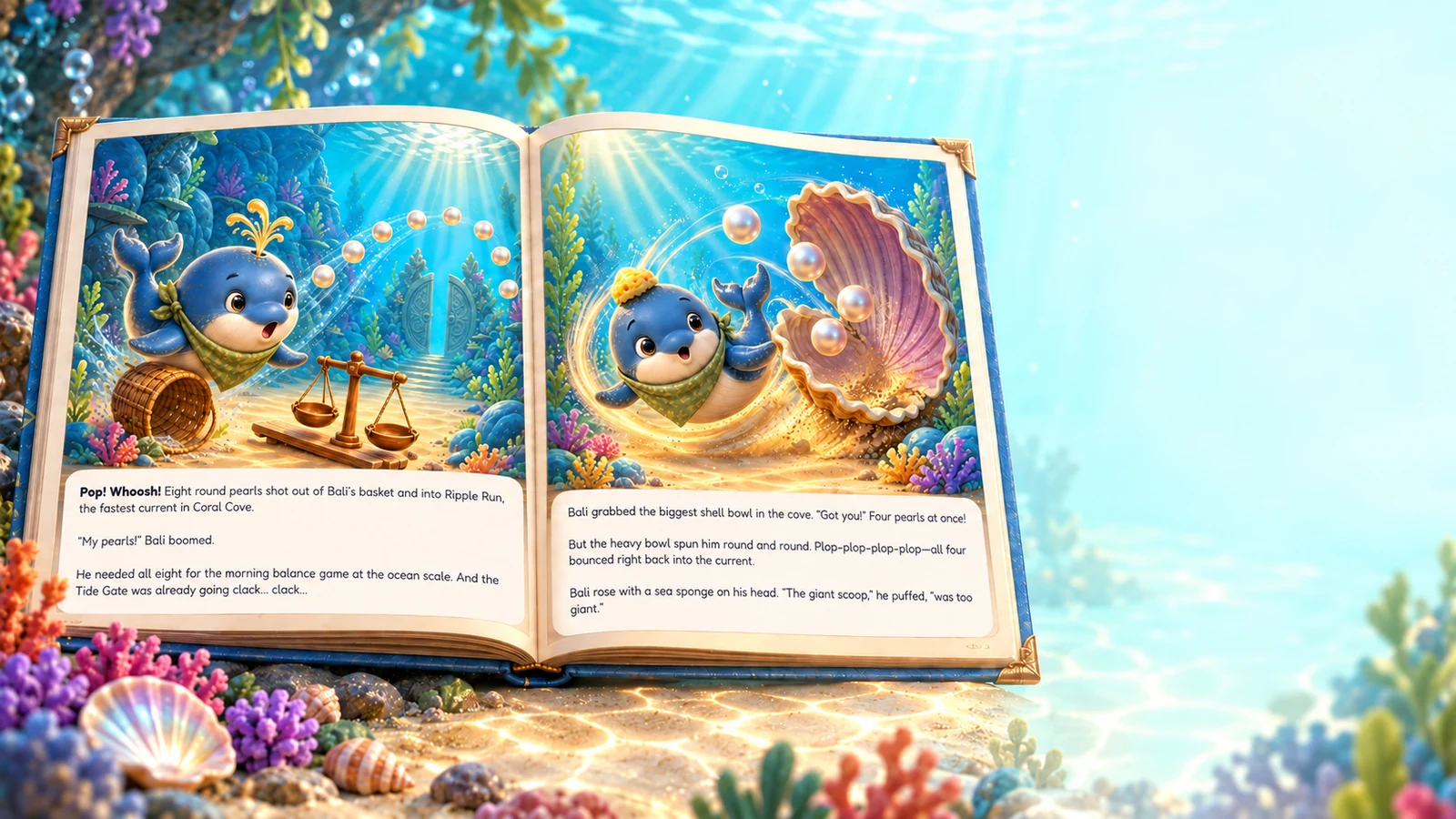 Open picture book “Bali and the Runaway Pearls”, with Bali the whale chasing eight pearls and trying to catch them in a giant shell.