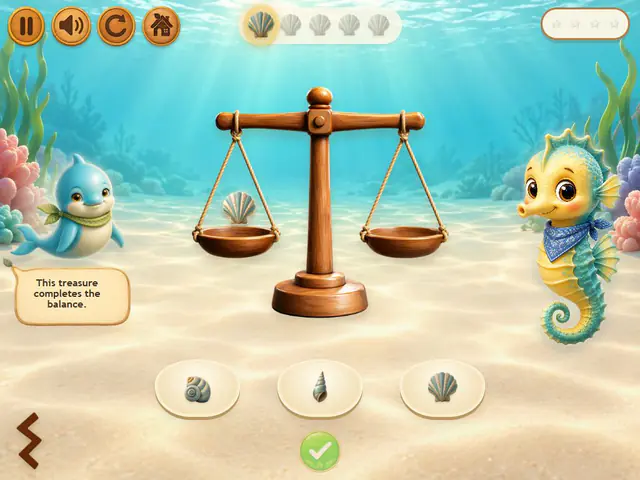 Kuvi: Balance Builder activity screen with a wooden balance scale and three shells to choose from.