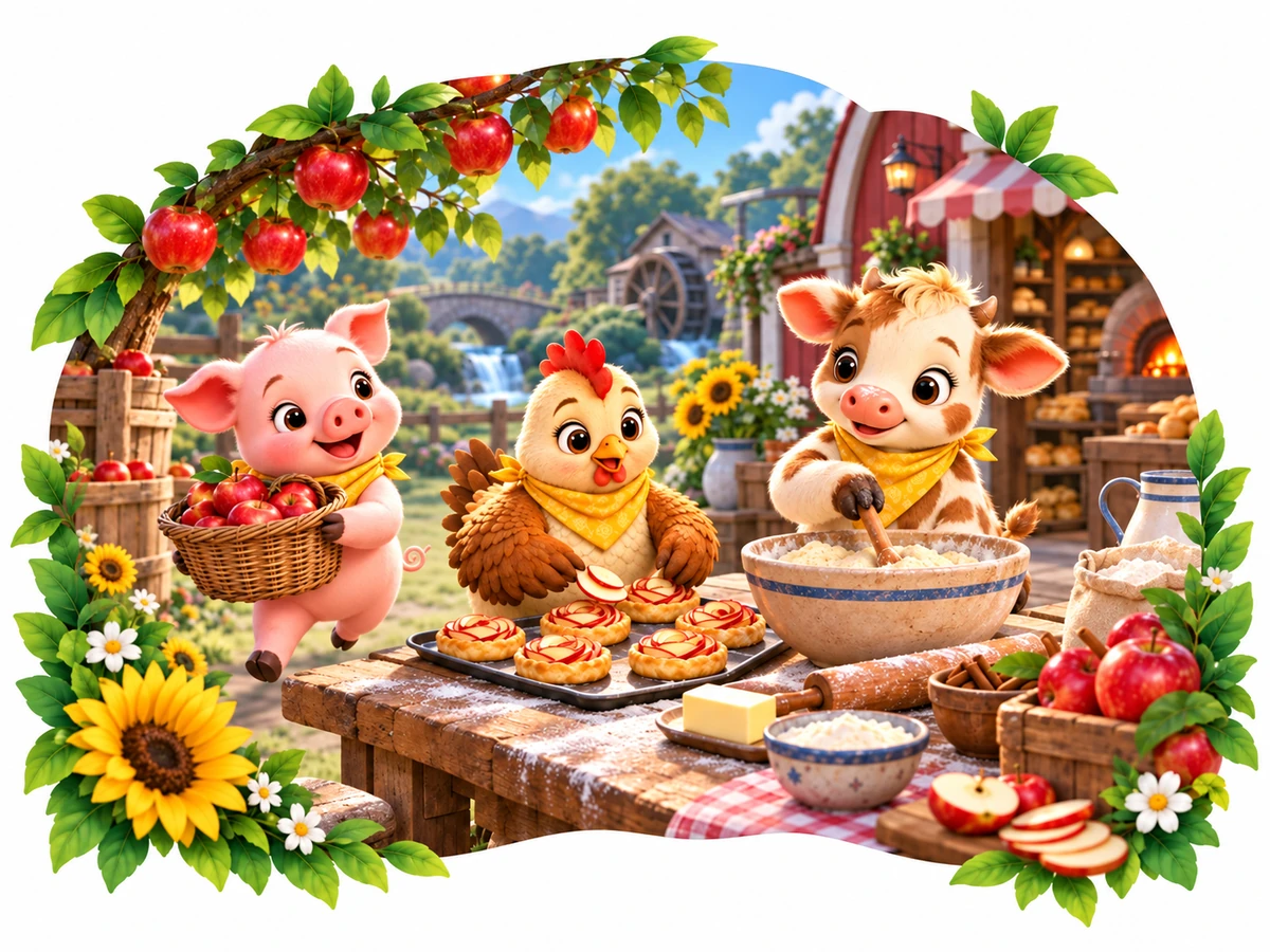 A piglet, a hen and a calf baking apple tarts on a farmhouse table.
