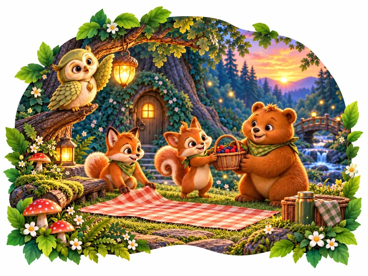 Forest scene: Ori the owl on a branch above a picnic where two squirrels and a bear share berries.