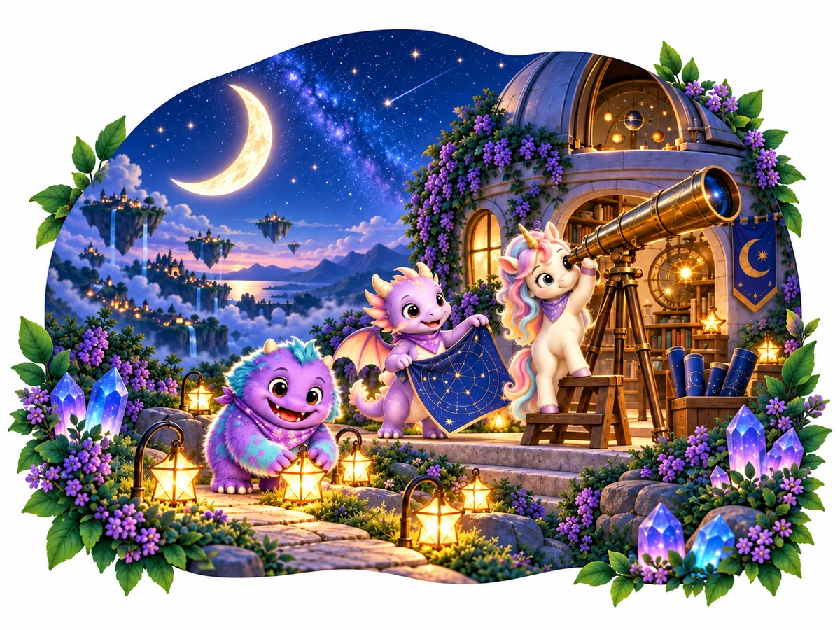 Magic Realm scene: small dragons and a unicorn gather a constellation map by a telescope under a crescent moon.