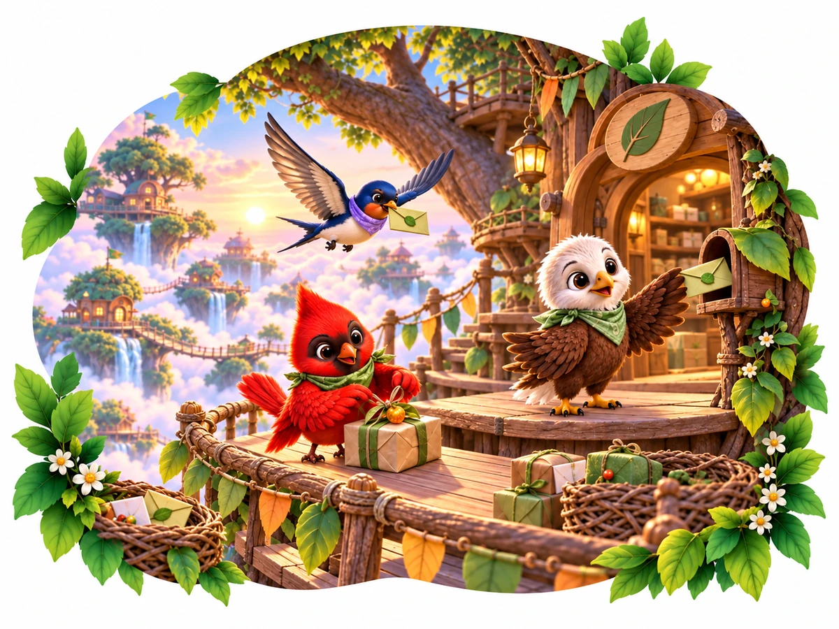Open Sky scene: feathered friends on a wooden walkway above cloud-tops and floating islands.