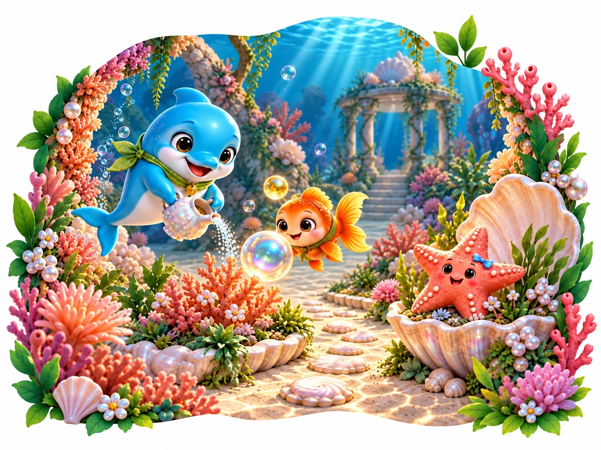 Water scene: Lumi the dolphin waters coral beside a goldfish, a starfish and a pearl shell.