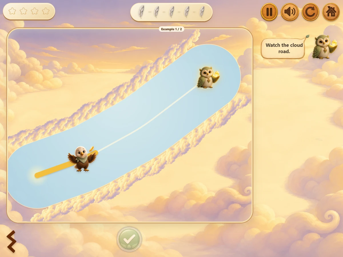 Aro and Ori at opposite ends of a cloud corridor in the actual Wondermaths game.