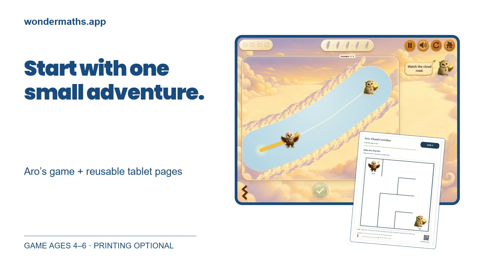 Aro’s cloud-path game beside its matching maze activity page, with the invitation to start with one small adventure.