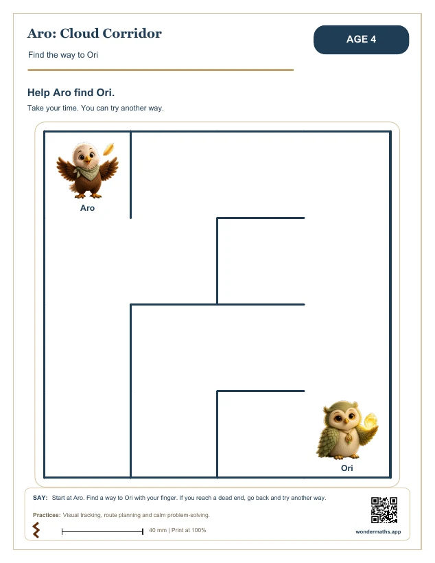 Aro’s Age 4 activity page: draw a route through a maze from Aro to Ori.