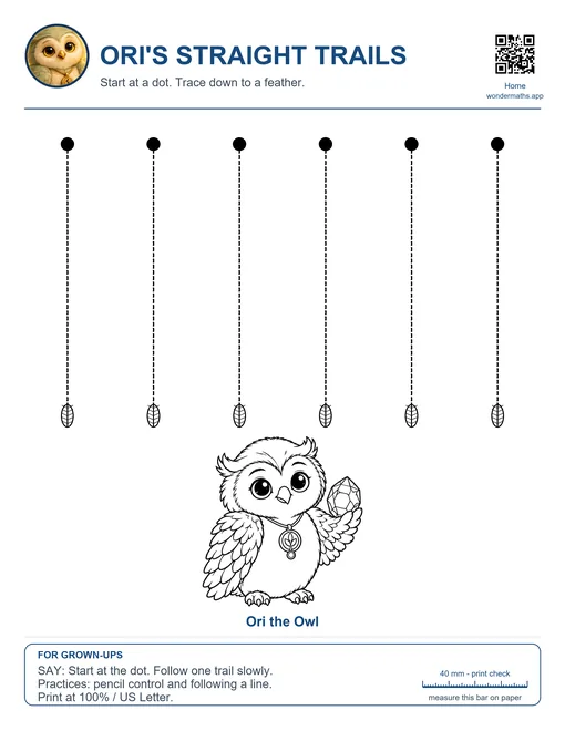 Ori’s Straight Trails tracing page with Ori the Owl