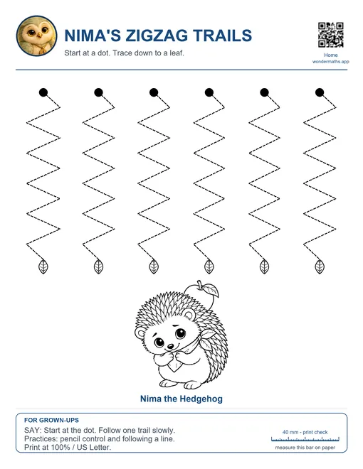 Nima’s Zigzag Trails tracing page with Nima the Hedgehog