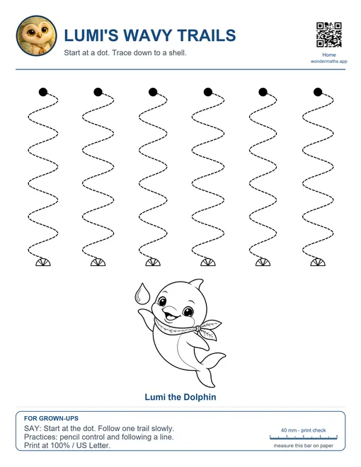 Lumi’s Wavy Trails tracing page with Lumi the Dolphin