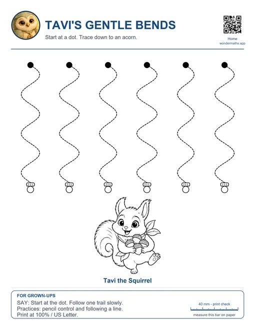 Tavi’s Gentle Bends tracing page with Tavi the Squirrel