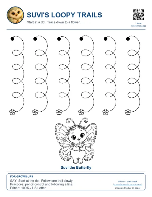 Suvi’s Loopy Trails tracing page with Suvi the Butterfly