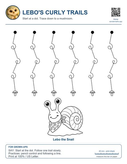 Lebo’s Curly Trails tracing page with Lebo the Snail
