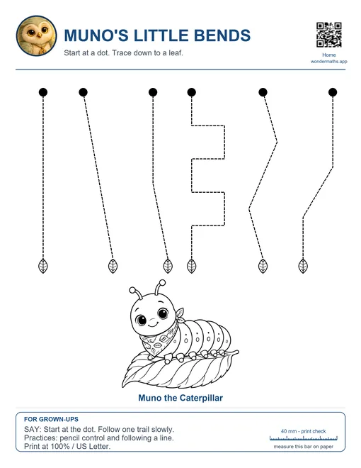 Muno’s Little Bends tracing page with Muno the Caterpillar