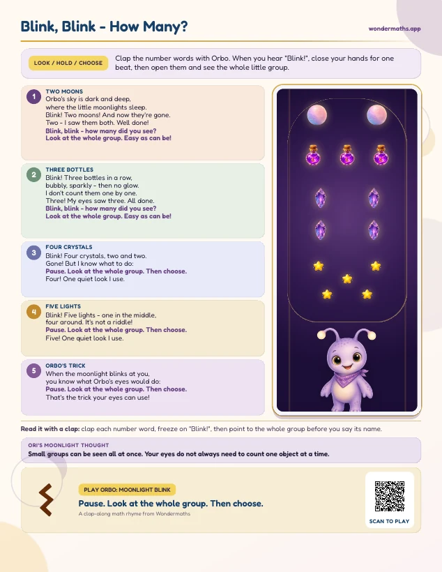 First page of a rhyme to try together for Orbo: Moonlight Blink