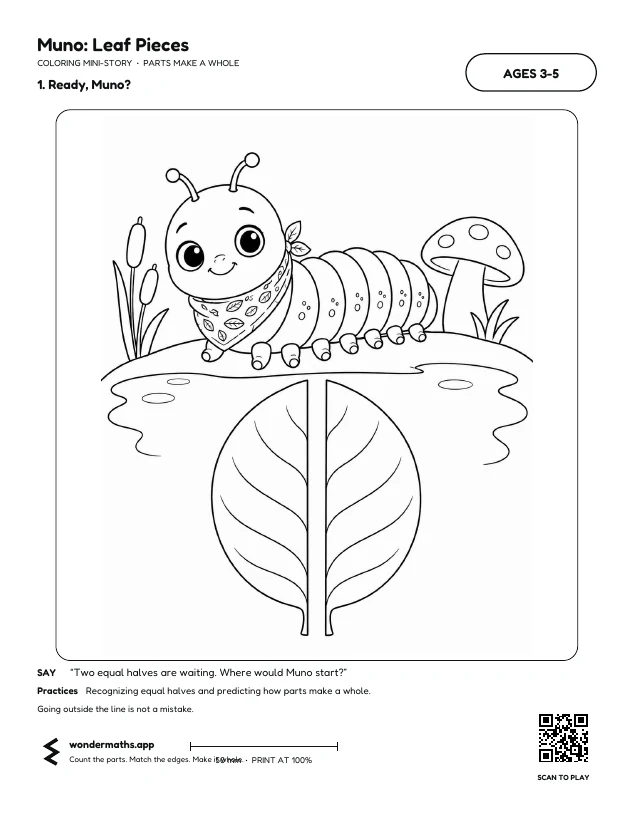 First page of coloring pages for Muno: Leaf Pieces