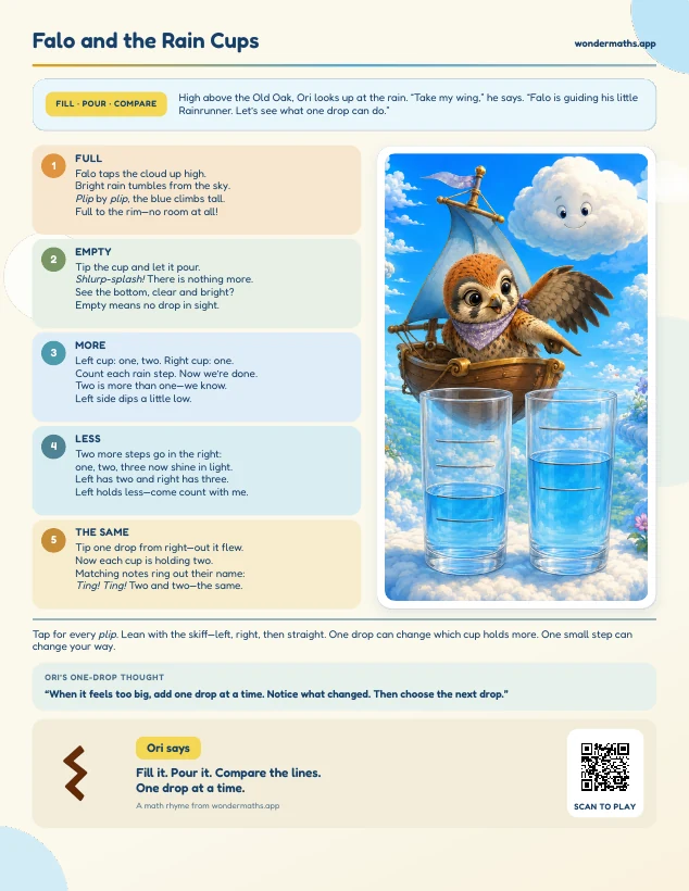 First page of a rhyme to try together for Falo: Raincloud Cups