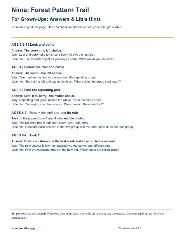 First page of answers & little hints for Nima: Forest Pattern Trail