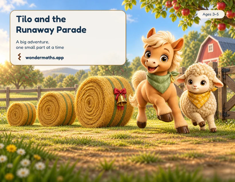 Cover of the picture book Tilo and the Runaway Parade, with Tilo and a lamb beside hay bales.