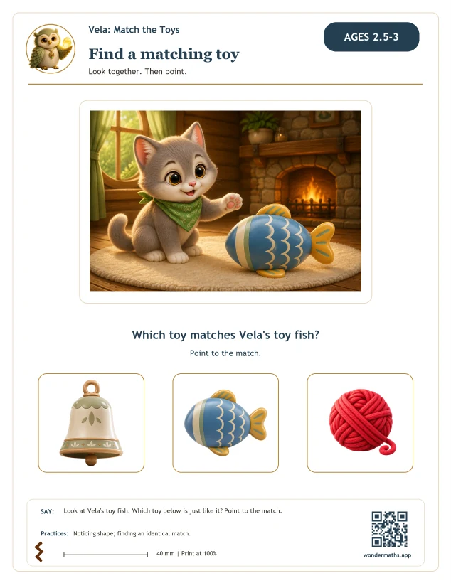 First page of activity sheets for Vela: Match the Toys